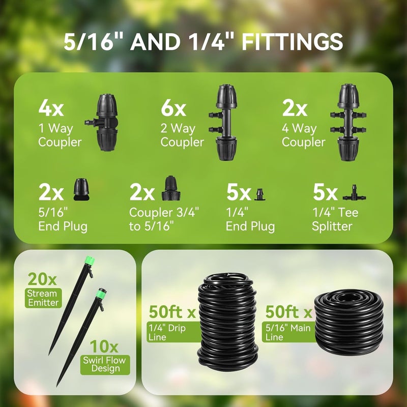 Gobelief Drip Irrigation Kit for Garden, Raised Beds, Lawn - Adjustable Watering System with Drip Emitters, 5/16" & 1/4" Tubing, Barbed Fittings - Image 2